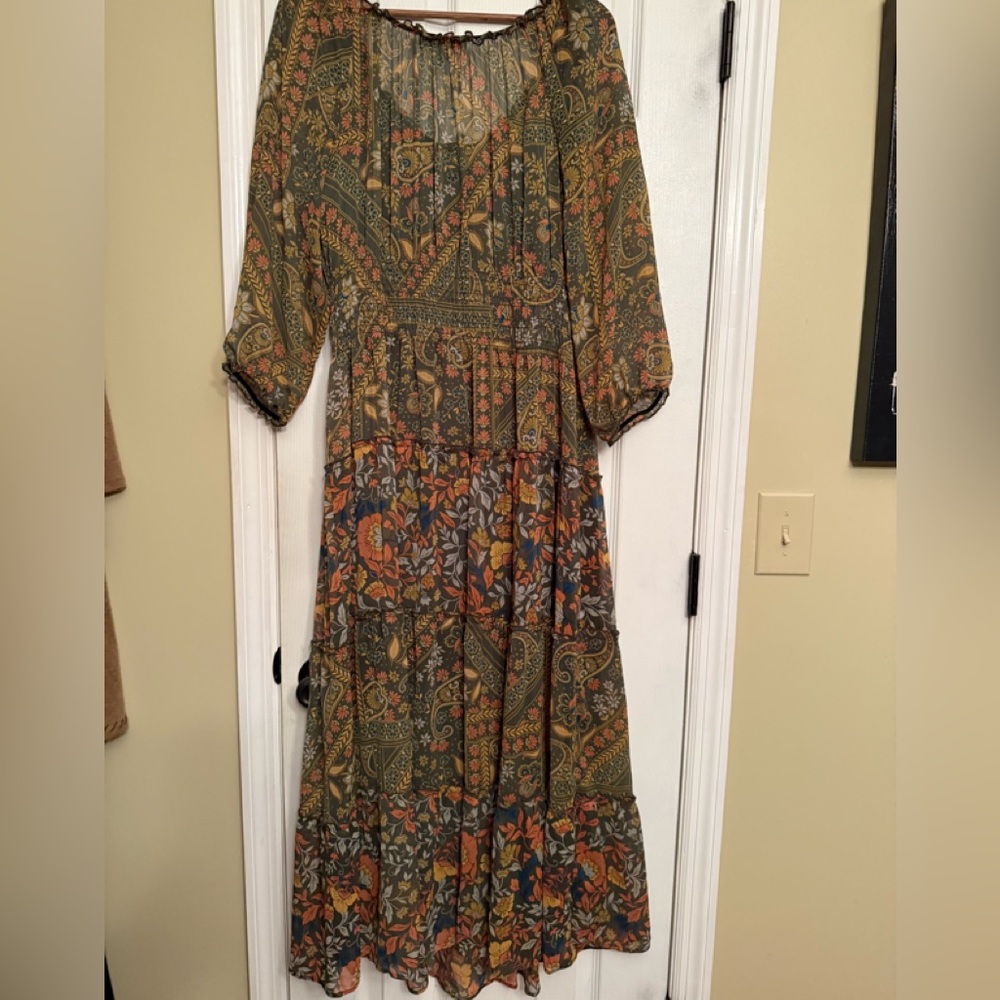 New Fig & Flower 2X olive boho floral green bohme Anthropologie maxi dress $168 - Picture 6 of 6